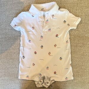 Petite Plume White Polo Romper with Sailboat Print